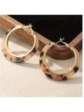 NWT KC Gold Plated Tortoise Shell Resin Chunky Hoop Earrings Boho